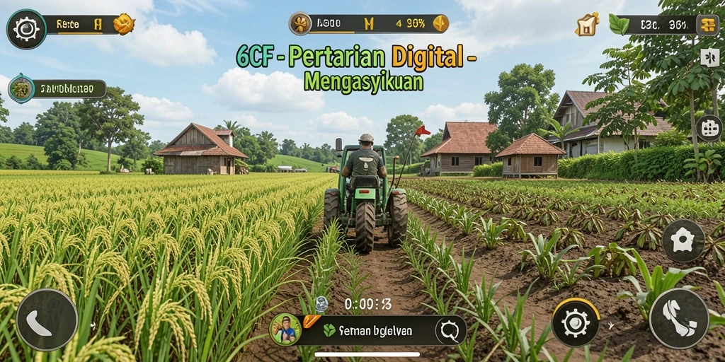 Tampilan screenshot gameplay 6CF yang menampilkan ladang subur dan hewan peliharaan.