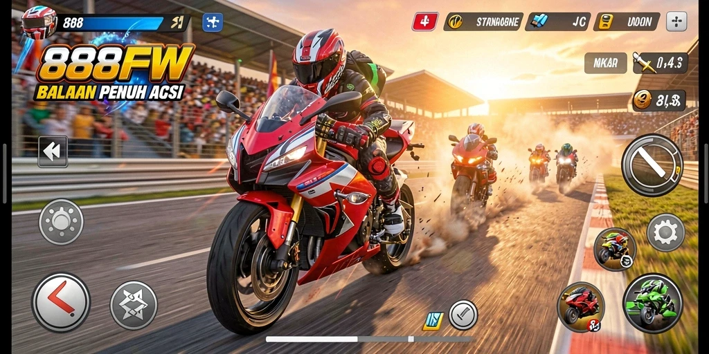 Tampilan gameplay balapan motor yang mendebarkan dan penuh aksi.