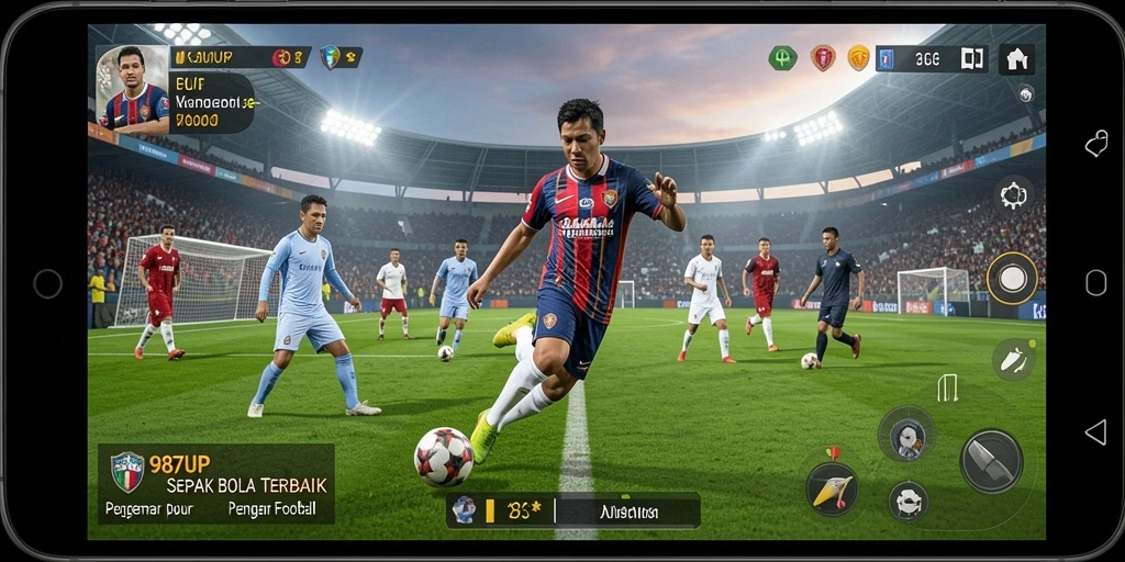 Tampilan gameplay menarik dari 987UP saat pertandingan sepak bola berlangsung.