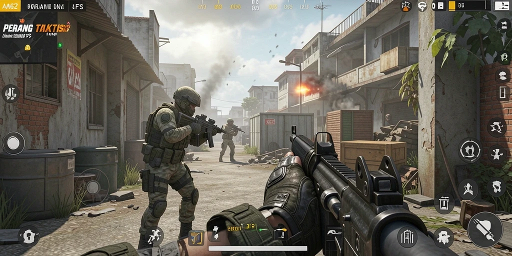 Tampilan gameplay intens beraksi dalam AA62, menampilkan pertempuran FPS yang mendebarkan.