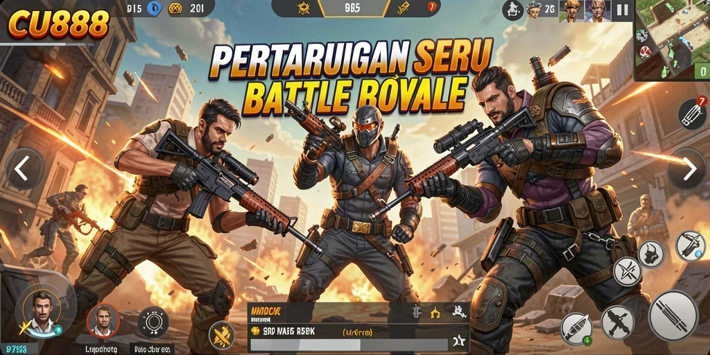 Tangkapan layar menunjukkan aksi intens dalam game Battle Royale.