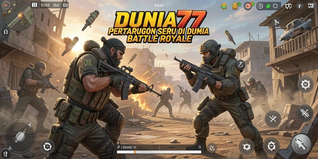 Screenshot DUNIA77 menampilkan aksi intens di medan perang Battle Royale.