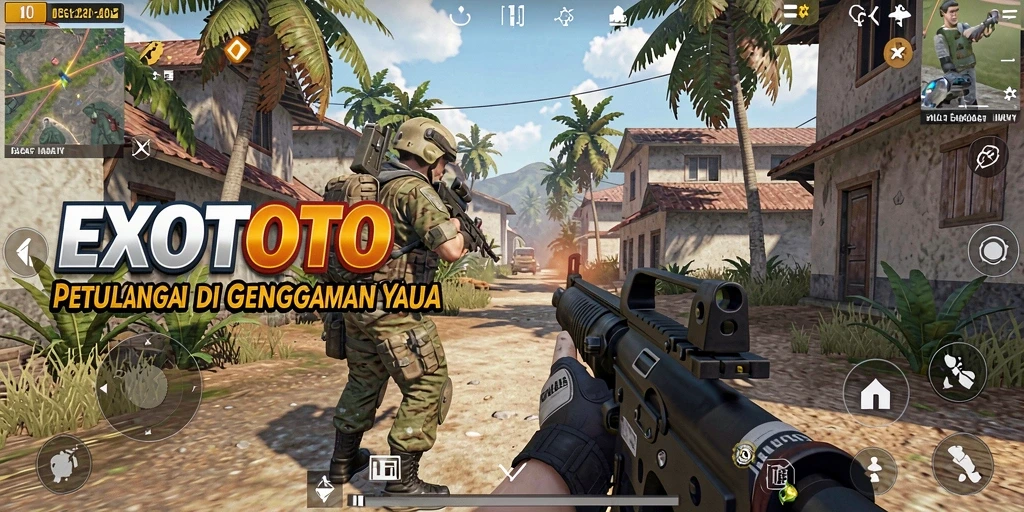 Tampilan gameplay EXOTOTO yang menegangkan saat pertempuran FPS.