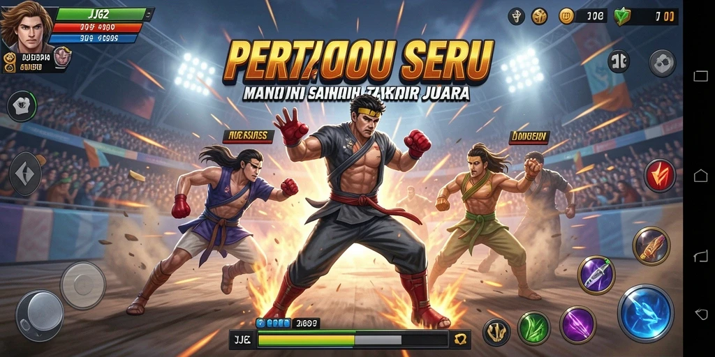 Screenshot gameplay JJ62 menampilkan pertarungan mendebarkan dengan karakter yang beraksi.