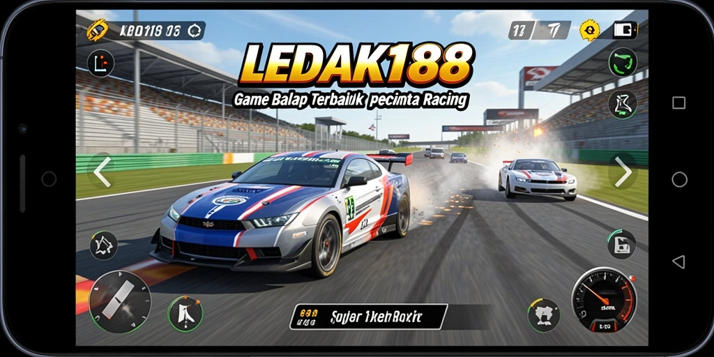 Screenshot utama LEDAK188 menampilkan aksi balapan yang intens.